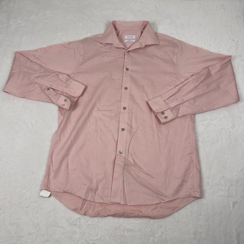 Calvin Klein Men's Large Pink Button-Up Regular Fit Performance Non-Iron Shirt‎